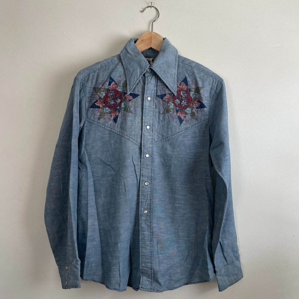 Vintage Chambray Snap Down Long Sleeve Shirt with Quilted Stars Sz S